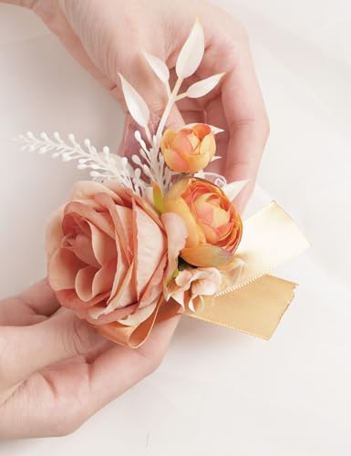 Alizeal 2Pcs of Wrist Corsage and Boutonniere Set, Artificial Flowers Accessories Suit Decor for Wedding Prom Party Homecoming Ceremony, Light Orange - color: 701-light Orange