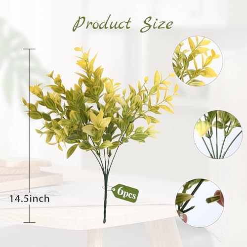 6 Bundles Artificial Greenery Stems, 14.5" Fake Lucky Bamboo Leaves Fall Faux Flowers Plants UV Resistant Plastic Shrubs for Garden Patio Porch Farmhouse Pathway Thanksgiving Outdoor Indoor Decoration - color: Yellow