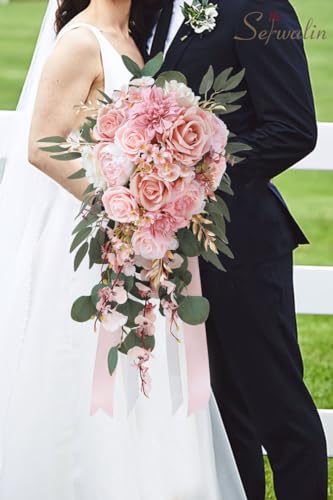 Serwalin 11 Inch Wedding Bouquets for Bride Bridesmaid, Dusty Pink Rose Bridal Bouquets for Bride, Wedding Flowers Bouquet Tossing Bouquet, Wedding Ceremony and Anniversary Decoration - color: A Dusty Pink