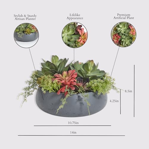 CG Hunter Faux Succulent Arrangement, Premium Artificial Indoor Plant Enhances Interior Design, Display on Any Surface in Your Home Adding an Inviting Touch of Nature, Grey Planter Pot Included - size: 14" Round Grey Planter