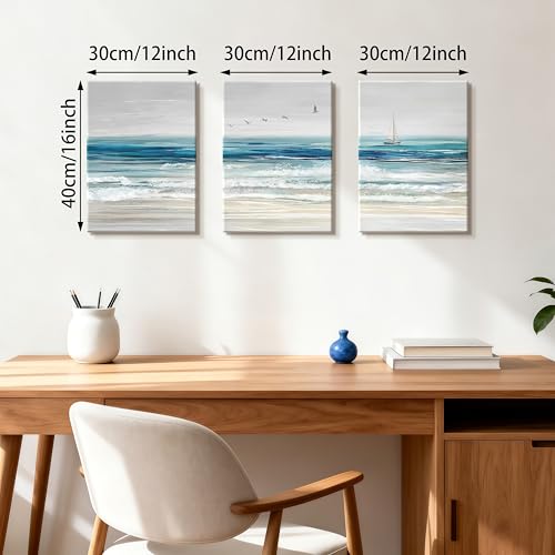 WENGTIAO Abstract Ocean Wall Art Set of 3 Blue Beach Canvas Paintings Minimalist Coastal Prints Pictures Sail Boat Home Decor Seascape Artwork for Living Room Bedroom Hallway 12”x16”x3Pcs - color: Abstract Blue Ocean, size: 12"x16"x3Pcs