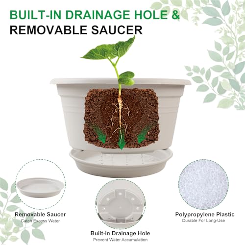 6 Pack 10 inch Plant Pot, Outdoor Pots for Plants with Drainage Hole & Tray Saucer, Round Plastic Plant Pot, Decoration Flower Pots for Indoor Plants Home Garden Outdoor Planters (Gray White) - color: Gray White, size: 10 Inch - 6Pack