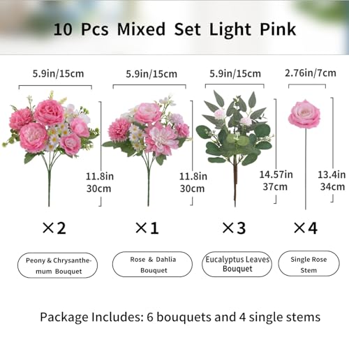 10 Pcs Mixed Artificial Flowers Set, Artificial Peony Bouquet Fake Rose Flower Silk Floral Arrangements for Table Centerpiece Home Wedding Party Bridal Vase Decoration(Pink, 6 Bouquets & 4 Stems) - color: Light Pink, size: Mixed 10pcs