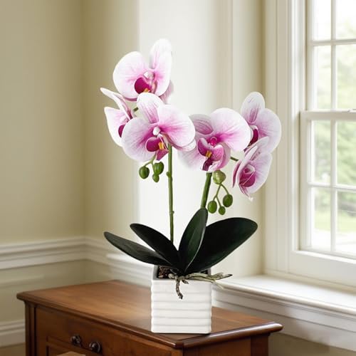 Artificial Orchids for Home Decor Indoor with Vase Orchids Artificial Flowers White Purple Orchid Height 14 Inches - color: Purple Heart White