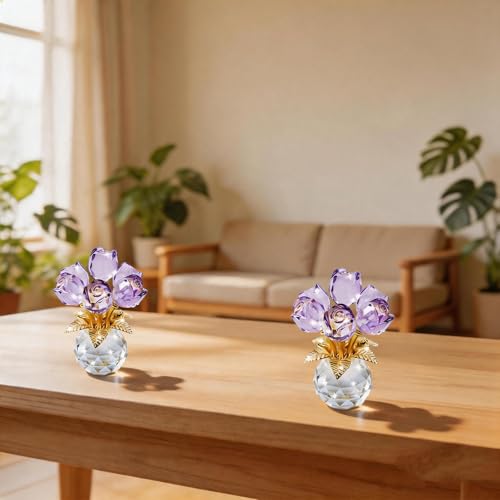 TWINKLING Crystal Roses Figurine with Round Vase, Glass Rose Crystal Flowers Bouquet, Birthday, Anniversary,Wedding, Home Décor,Silver Leaf (Red) - color: Red(silver Leaf)