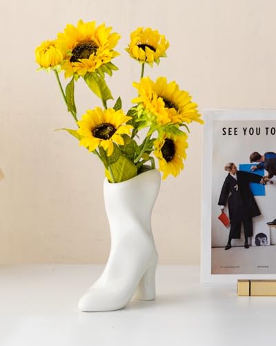 Ceramic Boot Vase for Modern Home Decor,7.9" High Heel Bootie Flower Vase,Quirky Funky Aesthetic Room Decor,Trendy Coffee Table Centerpiece for Women(White) - color: White