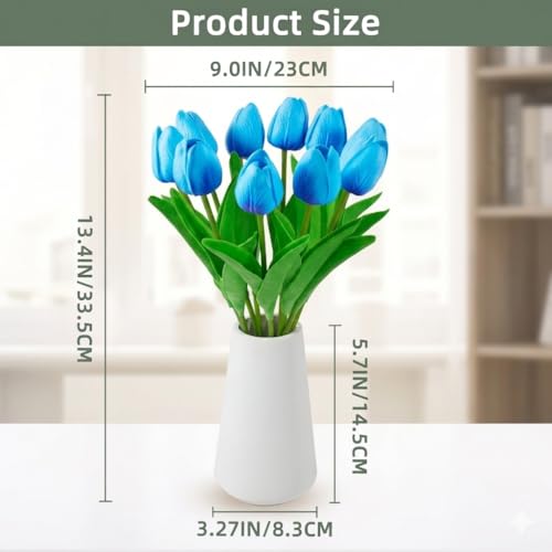 Real Touch Artificial Tulips with Ceramic Vase, 10 Blue Faux Tulips Arrangement, PU Tulips in Vase, Spring Table Centerpiece, Modern Farmhouse Home Decor for Dining Table & Living Room - color: Blue +Vase