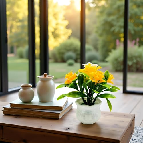 2Pcs Yellow Artificial Flowers, Fake Flowers, Artificial Plants Indoor, Artificial Potted Plants 5 Rose Flower Head Wedding Faux Floral Bonsai Indoor Outdoor Desktop Decoration