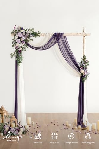 Ling's moment Purple Lilac Artificial Wedding Arch Flowers Kit Pack of 4, 2pcs Hanging Flower Arrangement 2pcs Chiffon Drapes Ceremony Reception Fake Rose Arbor Backdrop Floral Party Outdoor Decor - color: Prpl-lilac & Gold
