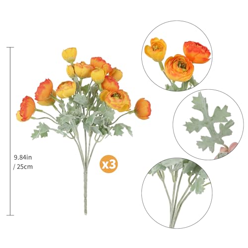 3 Bundles Mini Faux Silk Peony Bouquets,9.84" Artificial Ranunculus Flowers Fake Peony Flowers for Wedding, Home, Party Decoration(Orange) - color: Orange