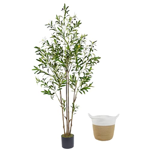 Warmplants 6ft (71”) Artificial Olive Tree, Tall Fake Olive Plant with Basket, Faux Olive Silk Tree for Mordern Indoor Home Livingroom Office Floor Corner Décor - color: Olive, size: 6ft