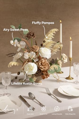 Ling's moment Fake Flowers Box, Faux Pampas Artificial Gardenia Foam Roses Silk Peony for Centerpieces Bouquet Wedding Floral Arrangements Bridal Shower Party, Earth Brown & Tawny Beige, Deluxe Combo - color: Beg-earth Brown & Tawny Beige, size: Deluxe