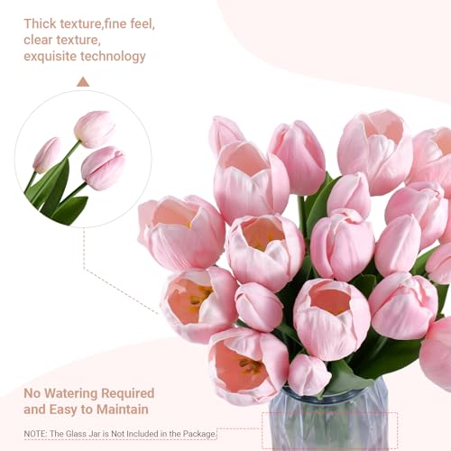 20 Pcs Fake Tulips Flowers 16" Tall, Realistic Touch Leaves, Bottle Tulip Artificial Plants Indoor for Home Decor Small Office Home Living Room-Vase Not Include -Pink - size: 16 Inch Tulips Pink
