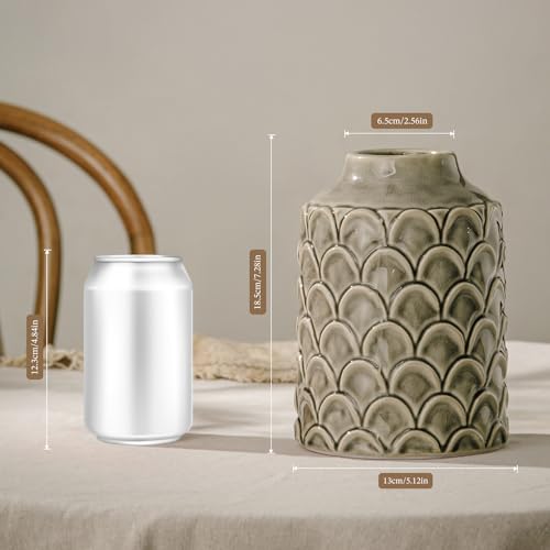 Ceramic Flower Vase, 7.28” Rustic Farmhouse Decorative Vase for Home Decor, Gray Textured Pottery Vase for Pampas Grass, Living Room, Entryway, Mantel, Kitchen Table, Centerpiece - color: 202-grey