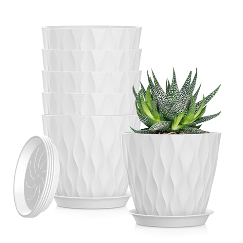 5 Inch Planter Pots, 6 Pack Indoor Planters, Small Flower Pots with Drainage Holes and Tray for Succulents, Orchids, Herbs and Other Indoor Plants (White, 5inch) - color: White, size: 5inch