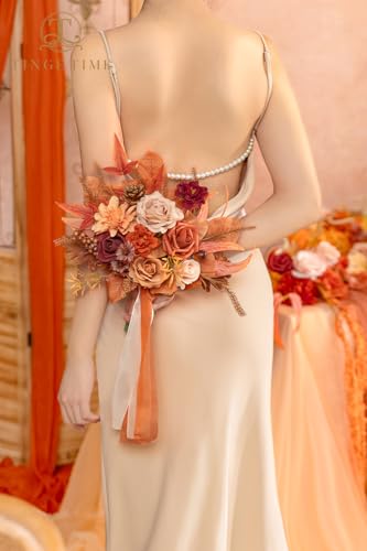 TINGE TIME 7 Inch Wedding Bouquets for Bridesmaid, Set of 4, Artificial Flowers Cascading Bridal Bouquet for Fall Wedding Ceremony Anniversary Bridal Shower and Rustic Vintage Wedding (Maple Red) - color: Maple Red