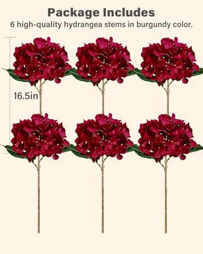 6PCS Premium Burgundy Hydrangea Artificial Flowers Bouquets, Wine Red Silk Hydrangea Flowers with Stems, Fake Hydrangeas Arrangement, Faux Hydrangea Decor for Home Wedding Party (Burgundy，Wine Red) - color: Burgundy，wine Red