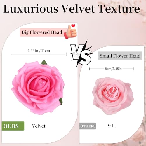 8PCS Artificial Flowers Velvet Roses Big Head Faux Rose Flowers with Long Steam for DIY Wedding Party Decoration(Pink) - color: Pink