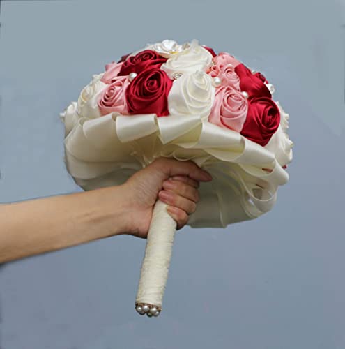 Bridal Wedding Bouquet with Rhinestone Brooch Pearl for Bride Bridesmaid Wedding Quinceanera Satin Rose Flower Bouquet Burgundy and Blush Pink Ivory 6.3in - color: Burgundy Blush & Ivory 1, size: Small (DIA. 6.3"/16cm)