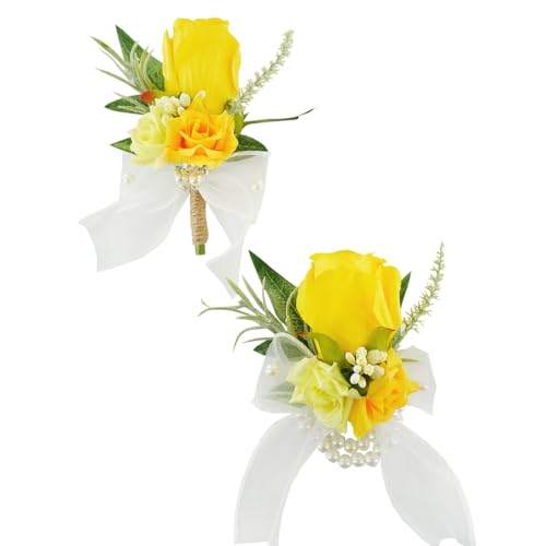 Yellow Corsage and Boutonniere Set for Wedding Prom, Artificial Rose Flower Homecoming Corsage Wristlet, Boutonniere for Men Wedding Suit Decor - color: Yellow