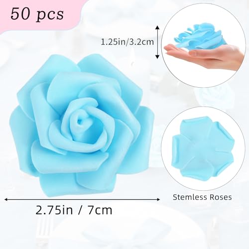 50 PCS Sky Blue Foam Rose Stemless Artificial Flower Head Bulk 2.75in Mini Fake Simulated Eternal Flores Roses Flower for DIY Craft Bridal Bouquets Centerpieces Arrangement Home Decoration - color: Sky Blue