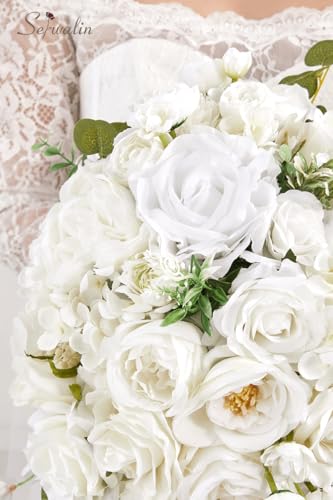 Serwalin 11 Inch Wedding Bouquets for Bride Bridesmaid, White Rose Bridal Bouquets for Bride, Wedding Flowers Bouquet Tossing Bouquet, Ceremony and Anniversary - color: White