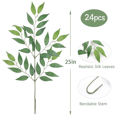 mizii 24pcs Italian Ruscus Artificial Greenery Stems Silk Green Leaves 20in Fake Spray Plants Stem Garland Greenery Decoration for Centerpieces Wedding Arch Flower Bouquet Table Room Wall Decor (24)