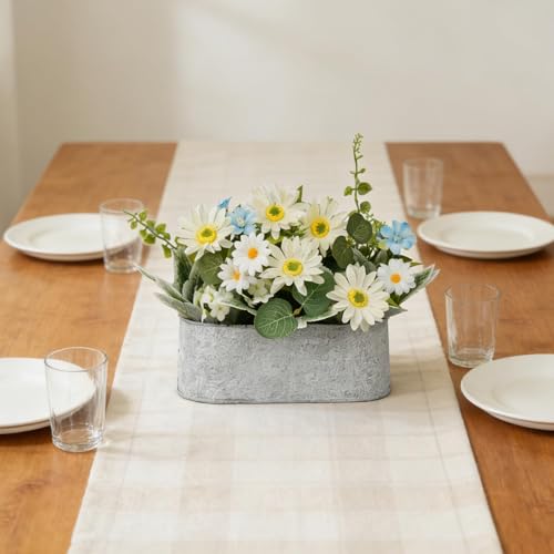 Floral Centerpieces for Tables, 12 Inch Small Artificial Flowers in Metal Pot with White Daisy Arrangement, Farmhouse Fake Potted Faux Plant for Spring Summer All Season Indoor Outdoor Decor