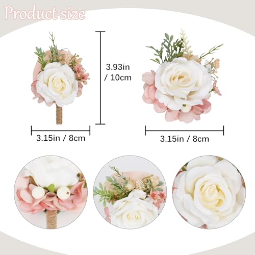 White Rose Corsage and Boutonniere Set for Wedding Prom Bride Groom Silk Rose Wristlet Band Bracelet Men Boutonniere Set Corsage Wristband Boutonniere for Wedding Suit Decoration (Pure White) - color: Pure White