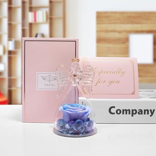 Miofula Gifts for Mom Birthday Gifts for Women, Preserved Flowers Rose in Glass Angel Figurines, Fresh Flowers for Delivery Anniversary Forever Real Roses Gifts for Mothers Grandma Her Wife Girlfriend - color: Blue+purple