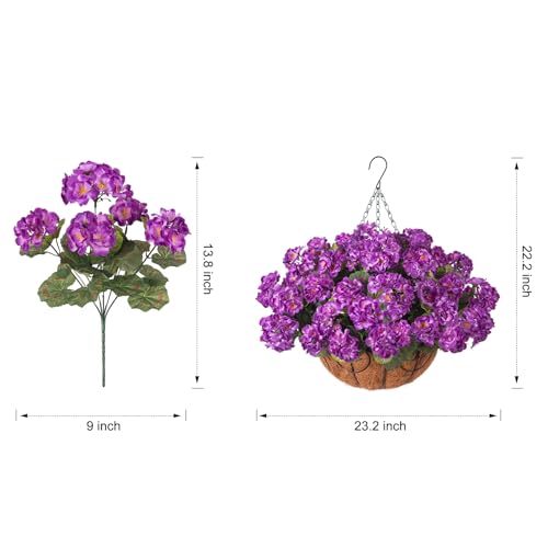 INSPRING Geraniums Artificial Flowers Hanging Basket for Outdoors Outside Spring Decoration, 8 Bundles Silk Flowers Fake Plants Look Real UV Resistant for Porch Home Patio Balcony Yard, Purple - color: Purple