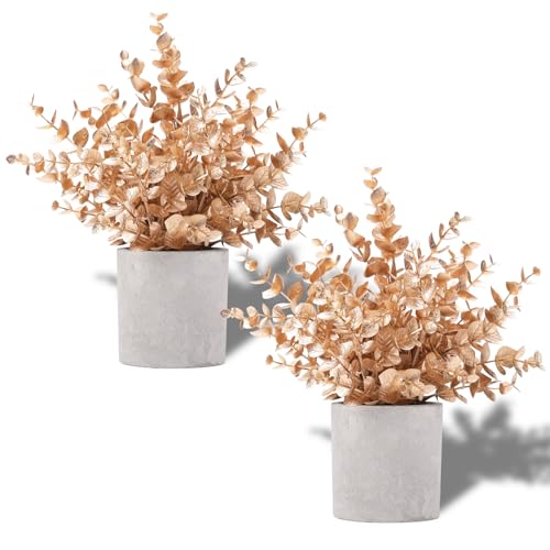 Coferset 2 Pack Gold Eucalyptus Small Fake Plants Potted Artificial Plants for Christmas Decorations Shelf Desk Home Farmhouse Room Coffee Table Bathroom Decor - color: Gold-small