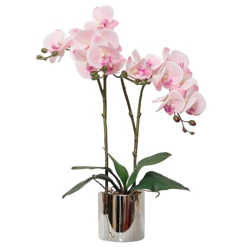 CXGS Artificial Orchid Flower Plant Real Touch Faux Orchids in Ceramic Vase Pink 19.7'' Fake Phalaenopsis Flower Arrangement Centerpiece Home Indoor Decor - color: Pink- Silver