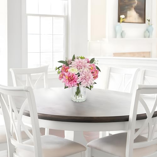 Briful Artificial Flower Arrangement with Glass Vase, 12.5" Faux Dahlia Silk Flowers Centerpiece Table Decorations Pink Mixed Floral Bouquet for Home Office Dining Room Coffee Table Wedding Decor - color: Pink Purple