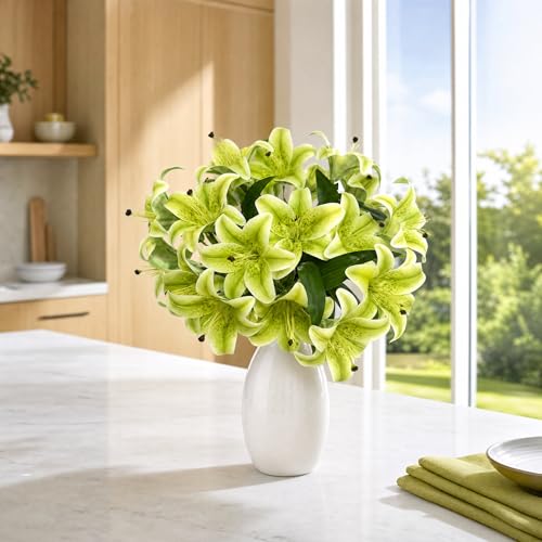 Artificial Lilies Flowers,10Pcs Faux Lily Flower,20''Tiger Lily Branch with 2 Full Blooms, Faux Fake Lilies Plants for Wedding Bouquet Home Party Indoor Floral Arrangements (10, Green) - color: Green