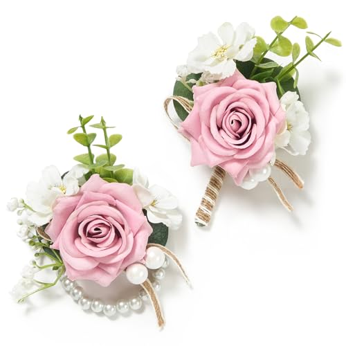 Serwalin Pink Rose Corsage and Boutonniere Set, Prom Flower Wrist Corsage Bracelets, Homecoming Roses Corsage Wristlet and Men Boutonniere for Wedding Flowers Accessories Prom Suit Decorations - color: Pink, size: 1 Boutonniere & 1 Wrist Corsage - 2pcs