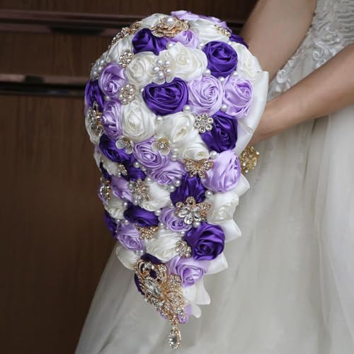 Luxury Cascade Bridal Wedding Bouquet Satin Rose Waterfall Holding Bouquet Artificial Flower Bunch for Bride Bridesmaid(Ivory, Purple & Light Purple, 17.3" x 8.7") - color: Ivory, Purple & Light Purple, size: 17.3"L x 8.7"W(44cm x 22cm)
