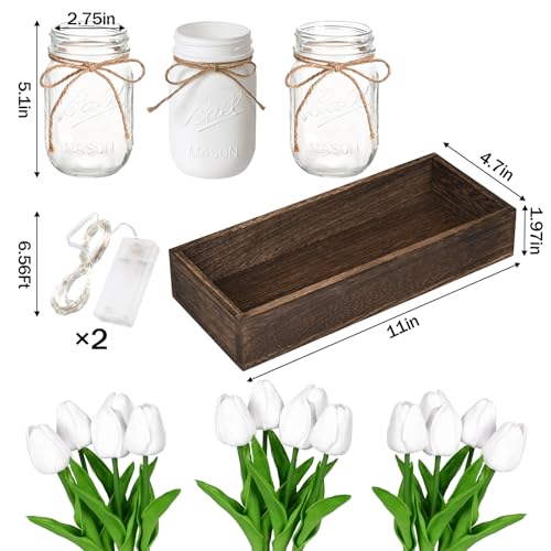 BLEUM CADE Mason Jar Centerpiece Table Decorations, Mason Jar Lights Centerpiece for Kitchen Dining Table Farmhouse Coffee Table Wedding Home Decor with 3 Jars Tulips Artificial Flowers & Wood Tray - color: White-tulips