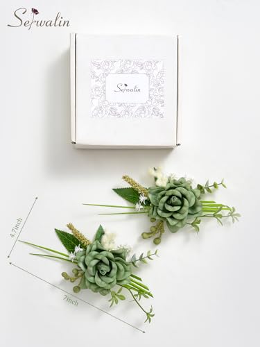Serwalin 2 Pcs Boutonniere, 6-7 Inch Green Corsage for Wedding, Boutonniere for Men Groom and Best Man Prom Ceremony Anniversary Party Suit - color: Green, size: Boutonniere-2pcs