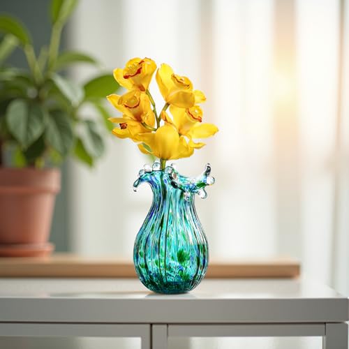 Green Glass Bubble Vase for Flowers, 8.5" Blown Glass Vase for Home Decor, Modern Art Flower Vases Decorative | Table Centerpiece, Olive Plant, Wedding, Living Room, Bookshelf, Office, Entryway - color: Green Bubble