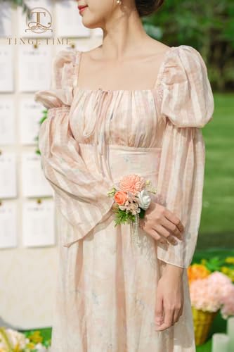 TINGE TIME Set of 2 Wrist Corsage Bracelets Pearl Wristlet Band Bridesmaid Bracelet for Wedding Ceremony Bridal Shower Wedding Artificial Flower Prom (CoralPink&Champagne) - color: Coral Pink & Champagne