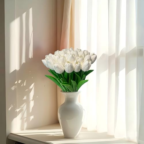 15pcs White Tulips PU Artificial Flowers Real Touch Fake Tulips for Spring Easter Home Kitchen Wedding Bouquet Bulk Mother's Gift Day Decorations - color: White