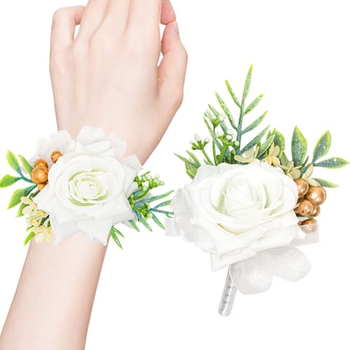 2 Pcs White Wrist Corsage and Boutonniere Set, Rose Corsage Hand for Women, Boutonniere for Men Wedding Flowers Accessories Prom Decor Party Suit Decoration (White) - color: White