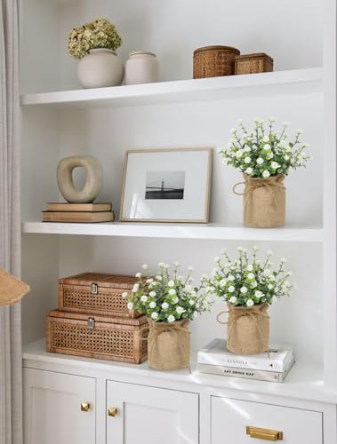 Artificial Mini Potted Flowers Set of 3, Faux Baby’s Breath Plant with Burlap Pot, Small Fake Greenery Desk Decor for Home Office Shelf Table Centerpiece, Rustic Farmhouse Wedding Spring Decorations - color: White-burlap