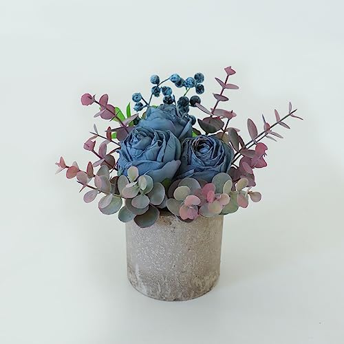 Small Artificial Burnt Blue Rose Potted Plant, 6" Fake Silk Flowers in 3" Cylindrical Pot, Mini Faux Floral Arrangement for Desk Shelf Bathroom Decor - color: Burnt Blue