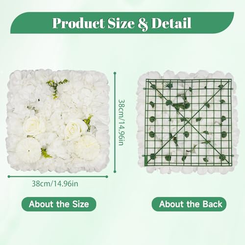 12Pcs Artificial Flower Wall Panel 3D Floral Backdrop Walls 15" X 15" Flower Wall Decor Flower Backdrop Faux Rose Panel for Party Home Background Decor, White - color: White