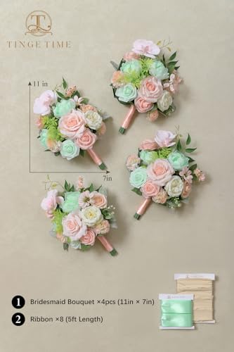 TINGE TIME 7 Inch Artificial Flowers Wedding Bouquets for Bridesmaid, Set of 4, Mint Green & Pink Bride Tossing Bouquet for Rustic Wedding Ceremony Bridal Shower Rehearsal Dinner Vintage Party - color: Mint Green & Pink