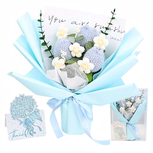 Crochet Flowers Bouquet for Her Handmade Crochet Tulips Artificial Eucalyptus Includes Handheld Gift Box and Card for Home Decor Anniversary Birthdays Mother's Day Graduation Gifts (Blue) - color: Blue