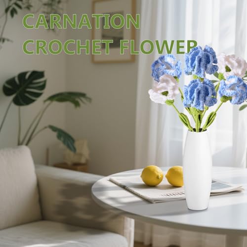 6Pcs Handmade Carnation Crochet Flower Bouquet, Completed Carnations Artificial Flower, Carnation Flower Wedding Bouquet (Blue) - color: Blue