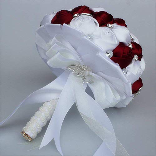 Wedding Bouquets Crystal Satin Rose Bride Bridal Bouquet Romantic Bridesmaid Holding Flower for Valentine's Day Confession Party Church Decor (Wine Red White) - color: Wine Red White